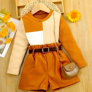 Girls Knotted Long Sleeve Top and Short Set with Belt